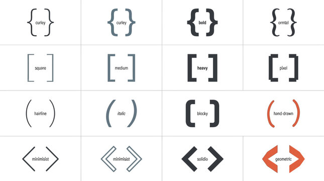 Bracket symbols vector illustration featuring curly braces, square brackets, parentheses, and angle brackets in modern minimal design representing coding, programming, and mathematical notation concep