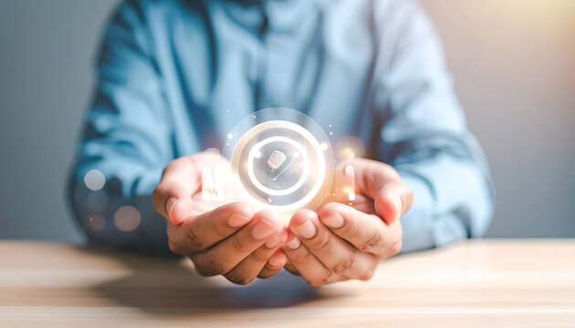 Hands Hovering Glowing Digital Interface Orbiting Orbs Above Wooden Table