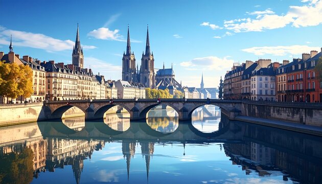 Historic European cityscape with Gothic cathedral and river bridge.