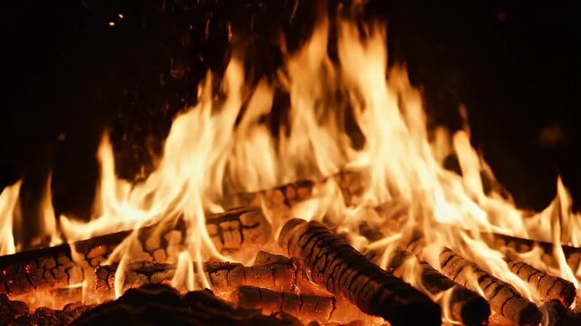 A vibrant and intense close-up captures the mesmerizing dance of flames consuming a pile of logs in a warm, inviting fire.