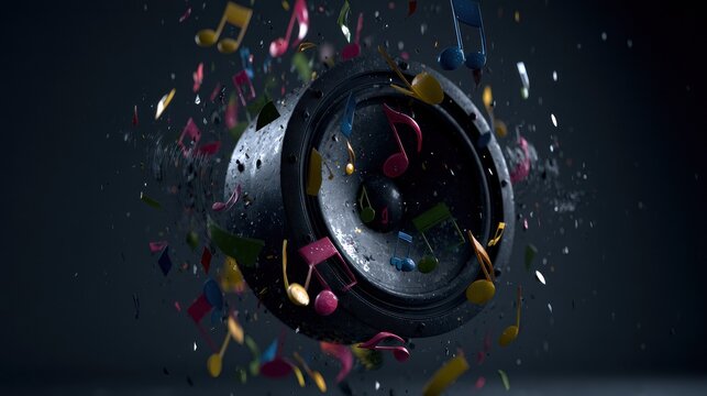 Exploding audio speaker with colorful debris and musical notes.