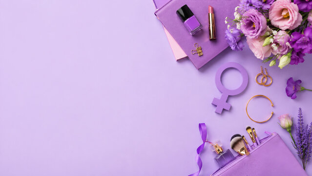 Top down view of International Women's Day flatlay composition with female symbol, notebooks, makeup brushes, lipstick, nail polish, perfume bottle, and pink flowers on a purple background.