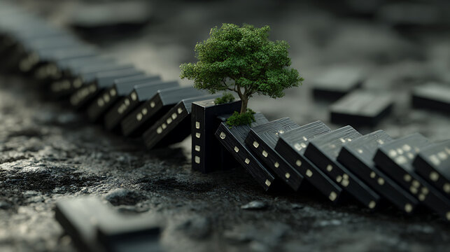 Mental health concept showing a resilient tree stopping a collapsing domino chain, symbolizing emotional resilience, intervention, recovery, hope, prevention, strength and positive change