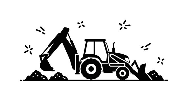 Black and white silhouette illustration of a backhoe loader construction vehicle.