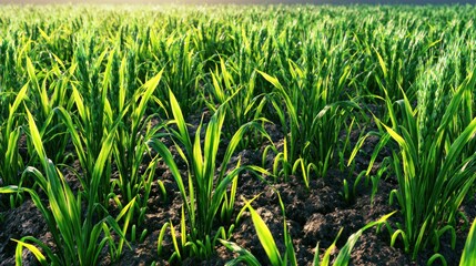 Fototapeta premium Rows of young green corn plants in sunlit field.