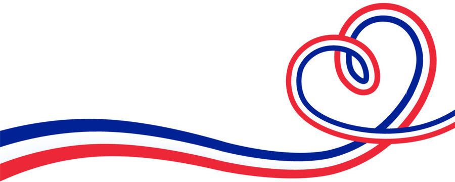 France tricolor heart shape ribbon with bold patriotic flag wave isolated on transparent background. Window sticker. Copy space. Place for text. I love France. PNG. Vector illustration