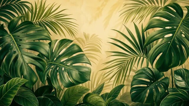 Close-up of lush green tropical palm and monstera leaves with light background