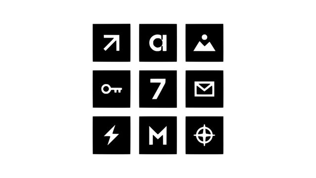 Nine Square Icons Arranged in a 3x3 Grid on a Transparent Background Featuring Various Symbols and Designs