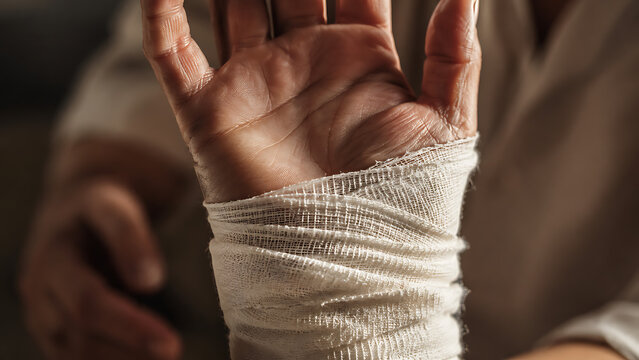 Close up of a human hand wrapped in a white medical bandage or gauze representing injury recovery and first aid
