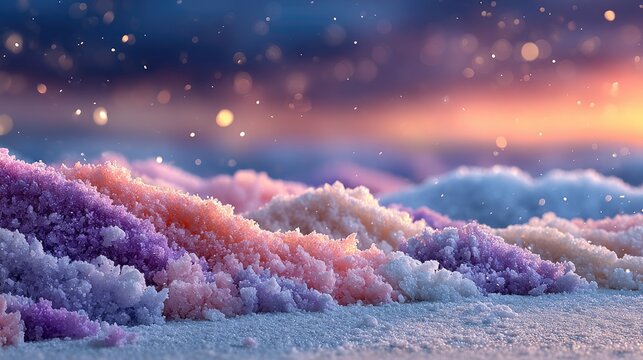 Crystalline sand dunes under vibrant sunset sky.