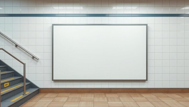 A large blank whiteboard mounted on a wall next to a staircase in a room