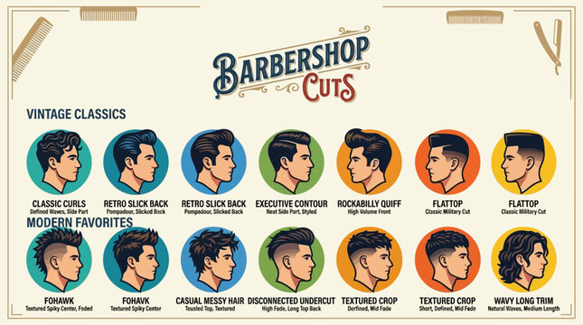 Men Haircut Style Guide Featuring Various Professional Grooming Cuts and Classic Barber Shop Aesthetic Trends for Modern Salon Display