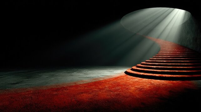 Curving red carpet stairs with divine light effect.
