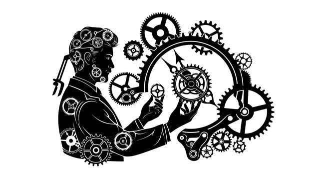 Man with Mechanical Gears and Clockwork Vector Illustration