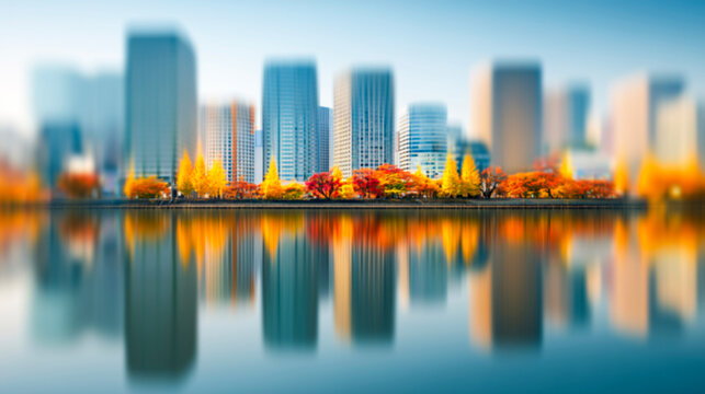 反射が美しい水面に映る紅葉とビル群の秋のぼかし都市風景