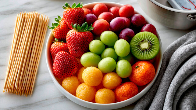 Fresh assorted fruits with bamboo skewers prepared for homemade candied fruit skewers on kitchen counter with vibrant colorful ingredients