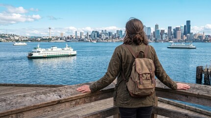 Fototapeta premium Woman with backpack looking at Seattle skyline and ferries from pier
