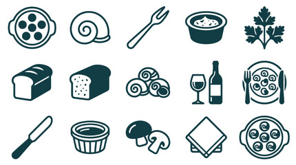 Vector icon set of French escargot snails dining elements including snail shells, special tongs, forks, bread loaves, wine bottle, mushrooms, parsley, and ceramic escargot baking dishes. © Kentang