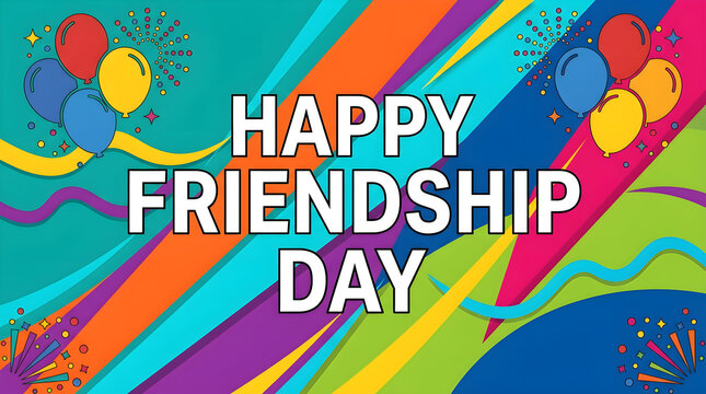 Happy Friendship Day text with balloons and streamers against colorful abstract background