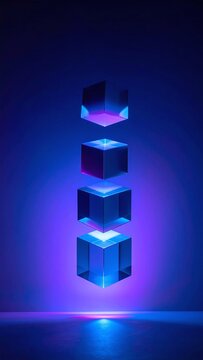 Futuristic neon blue levitating glass cubes stack vertically, evoking digital data, blockchain technology, and abstract innovation. Perfect for advanced tech and AI concepts. Nobody.