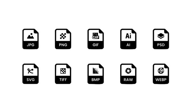 File Icons Representing Different Image File Formats Featuring Jpg, Png, Gif, Ai, Psd, Svg, Tiff, Bmp, Raw, and Webp