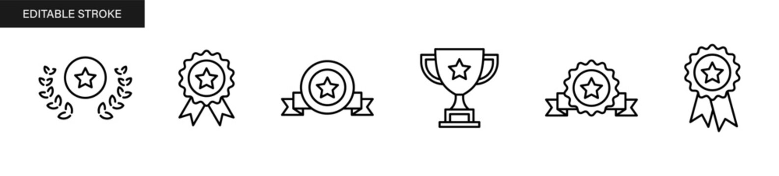 Achievement and Award icon set with trophy, medal, badge, and star symbols in outline, line symbols . trophy, medal, badge, certificate, reward, loyalty, achievement and winner icons - editable stroke