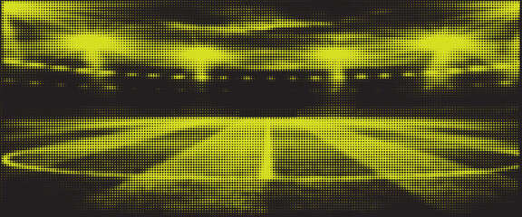 Abstract yellow halftone dot pattern of a football stadium and soccer field perspective on black background. © Axel