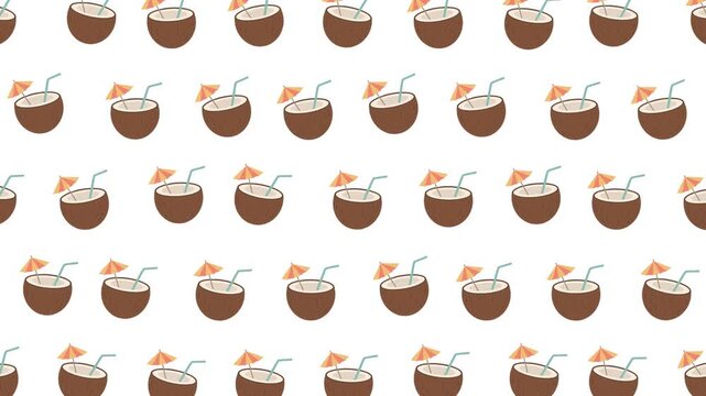 A seamless pattern featuring refreshing coconut drinks with colorful umbrellas and straws