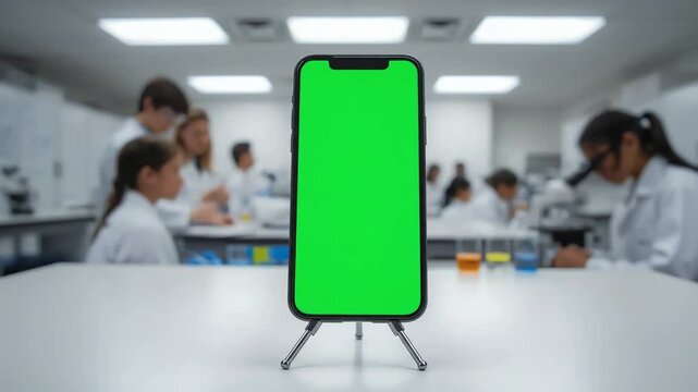 Smartphone With Green Screen Display Standing on a Desk in a Modern Scientific Laboratory