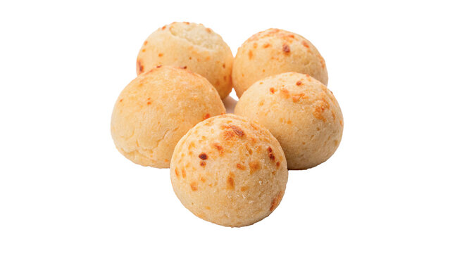 Group of fresh baked Brazilian cheese bread p&atilde;o de queijo snacks isolated on transparent background