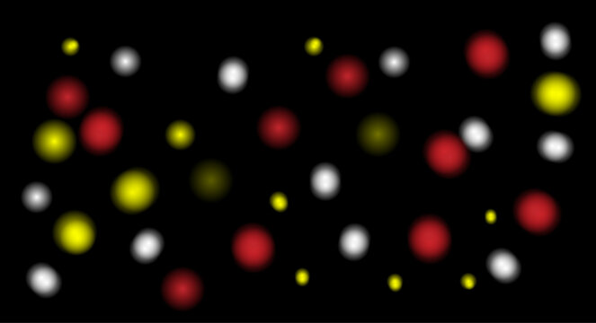 Festive bokeh light effect red white and yellow orbs on black background