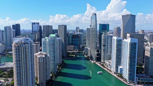 Aerial view of Miami cityscape skyscraper. City skyline aerial cityscape. Brickell Key downtown. Cityscape of Miami downtown. Florida modern skyscraper in downtown Miami. City architecture