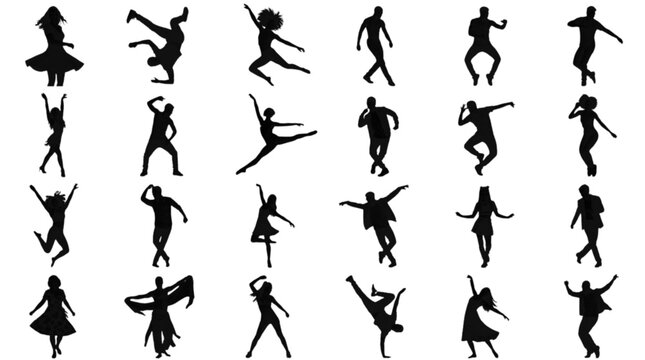 Set of diverse silhouette figures in dynamic action poses