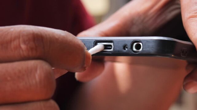 Close-up of an Asian man's hand cleaning a smartphone charging port with a cotton swab. Removing dust, lint, and debris from the charging connector for better device maintenance and smartphone care.
