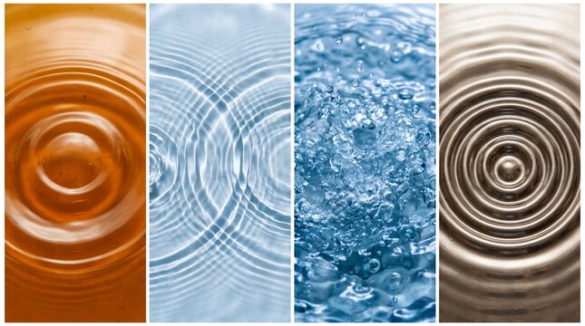 Abstract liquid ripple texture collage in amber blue and gold tones