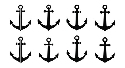 Black silhouette anchors in various orientations on a white background © masvect