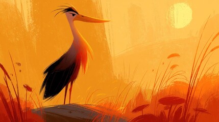 Obraz premium Stylized heron standing in sunset field illustration.