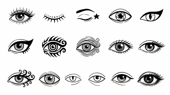 Mystical eye illustration icon vector collection featuring hand‑drawn eyes, lashes, stars, moons, tears, and ornamental designs symbolizing vision, intuition, and spiritual awareness.