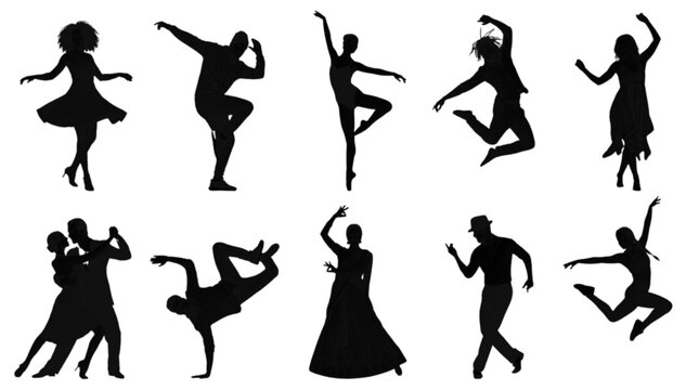 Silhouette illustrations of people dancing in various styles
