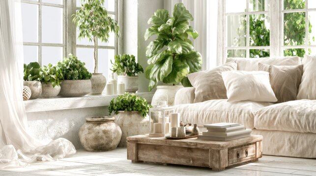 Sunlit living room featuring white linen sofa and many plants.