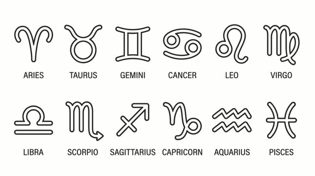 Zodiac signs icon vector collection featuring Aries, Taurus, Gemini, Cancer, Leo, Virgo, Libra, Scorpio, Sagittarius, Capricorn, Aquarius, and Pisces astrology symbols.