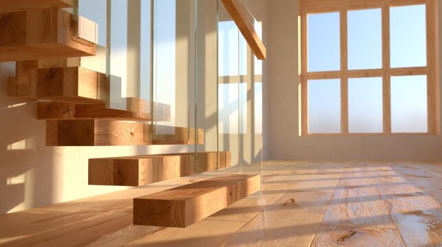 Sunlit wooden floating stairs detail in modern home.