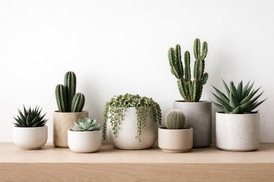 Modern minimalist potted cactus collection.
