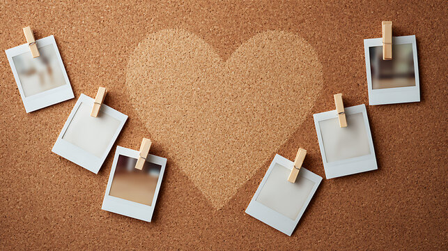 Blank instant photo frames arranged around a heart shape on a cork board, creating a warm romantic mockup for memories, love stories, wedding keepsakes, greeting cards and photo displays