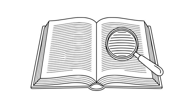 Open book with magnifying glass hand drawn line art vector illustration