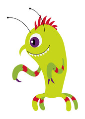 Naklejka premium Friendly green one-eyed cartoon monster with striped limbs