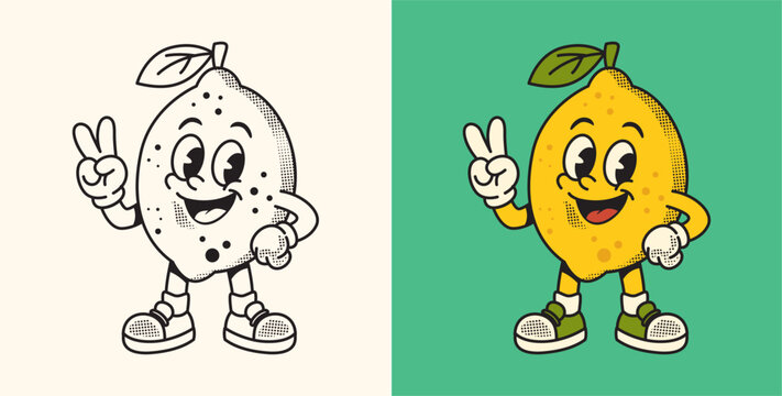 Cute lemon mascot in retro cartoon style with hand drawn vector illustration and halftone details. Perfect for fruit branding, stickers, logos, apparel, packaging, and merchandise