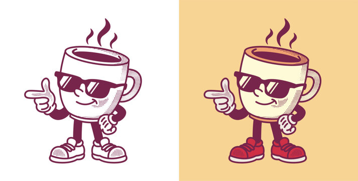 Retro coffee cup mascot with sunglasses in vintage cartoon style. Hand drawn vector illustration, perfect for cafe branding, stickers, apparel, and merchandise