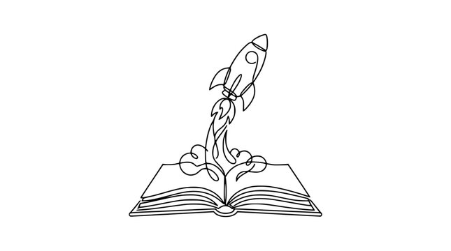 One line drawing of a rocket ship launching from an open book for education and imagination