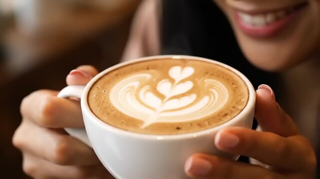 Close up of a smiling woman holding a white cup of coffee with professional latte art foam pattern in a cozy cafe